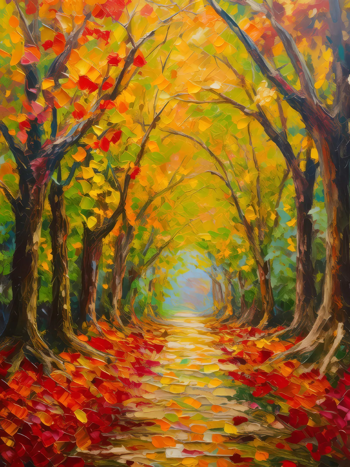 Pathway Under Fall Colors, a palette-knife oil landscape by Emma Mickelberg