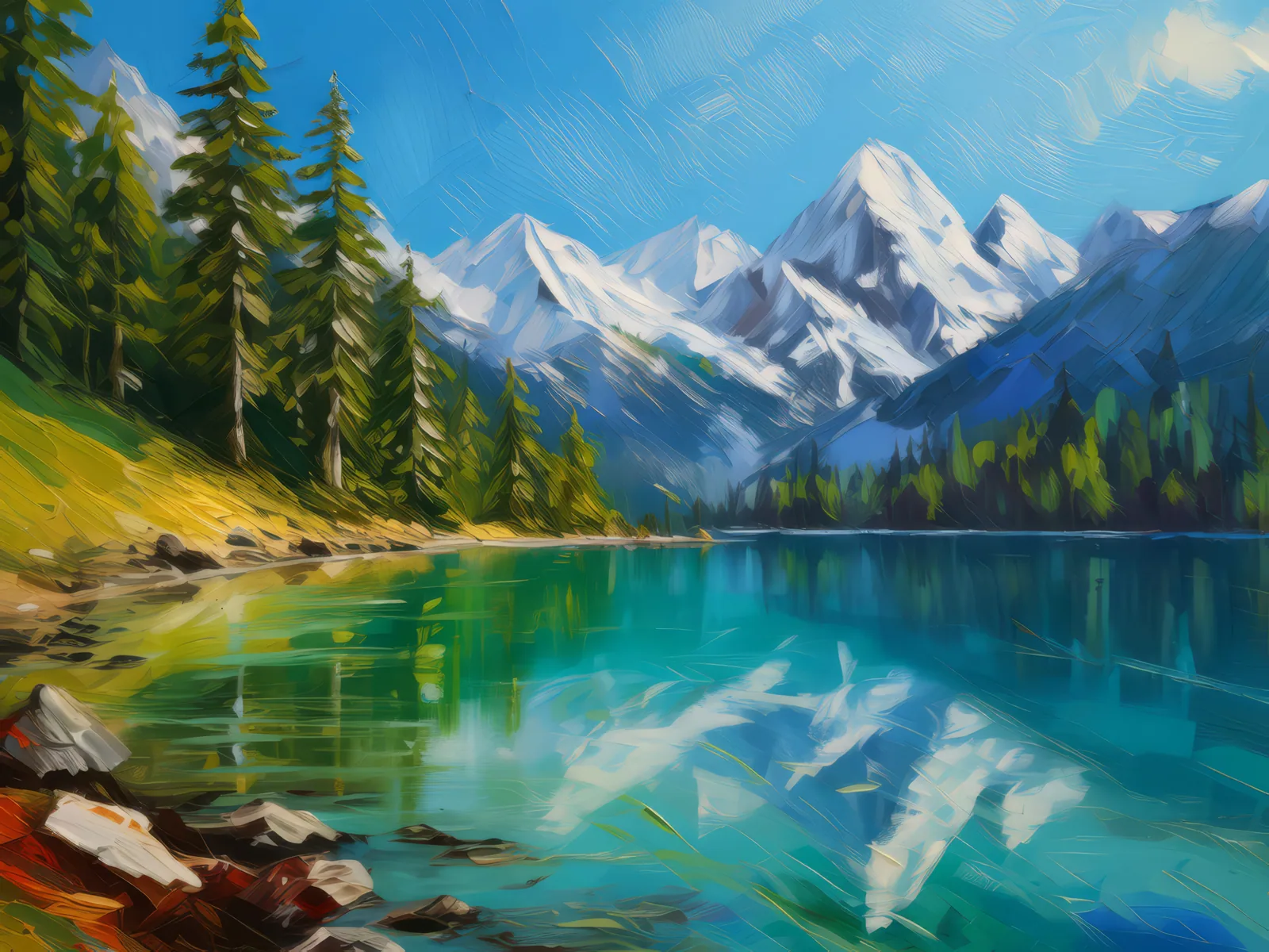 Peaceful Alpine Lake, a palette-knife oil landscape by Emma Mickelberg