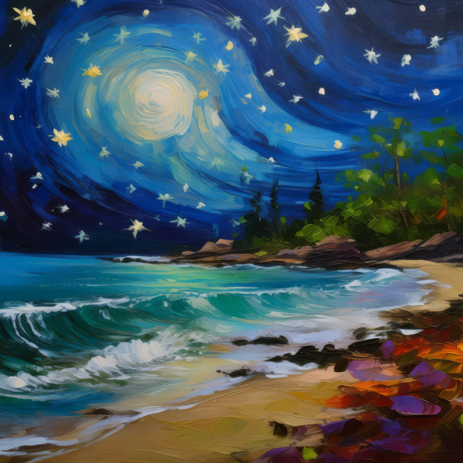 Peaceful Beach Night, a palette-knife oil landscape by Emma Mickelberg