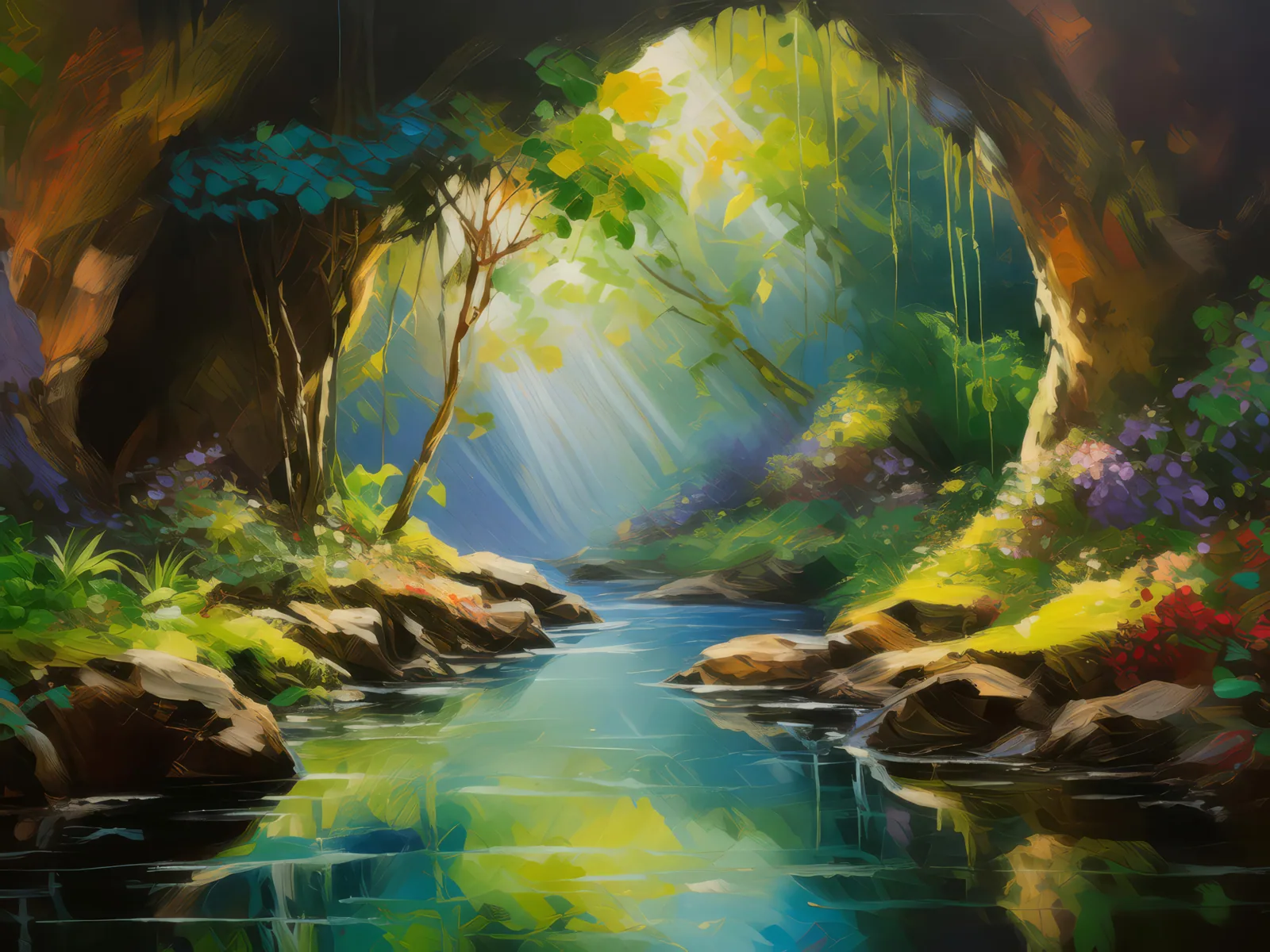 Peaceful Brook Grotto, a palette-knife oil landscape by Emma Mickelberg