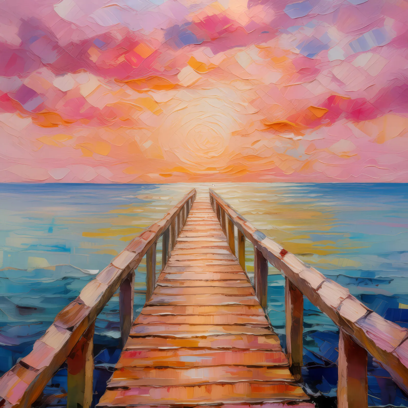 Peaceful Ocean Dock, a palette-knife oil landscape by Emma Mickelberg