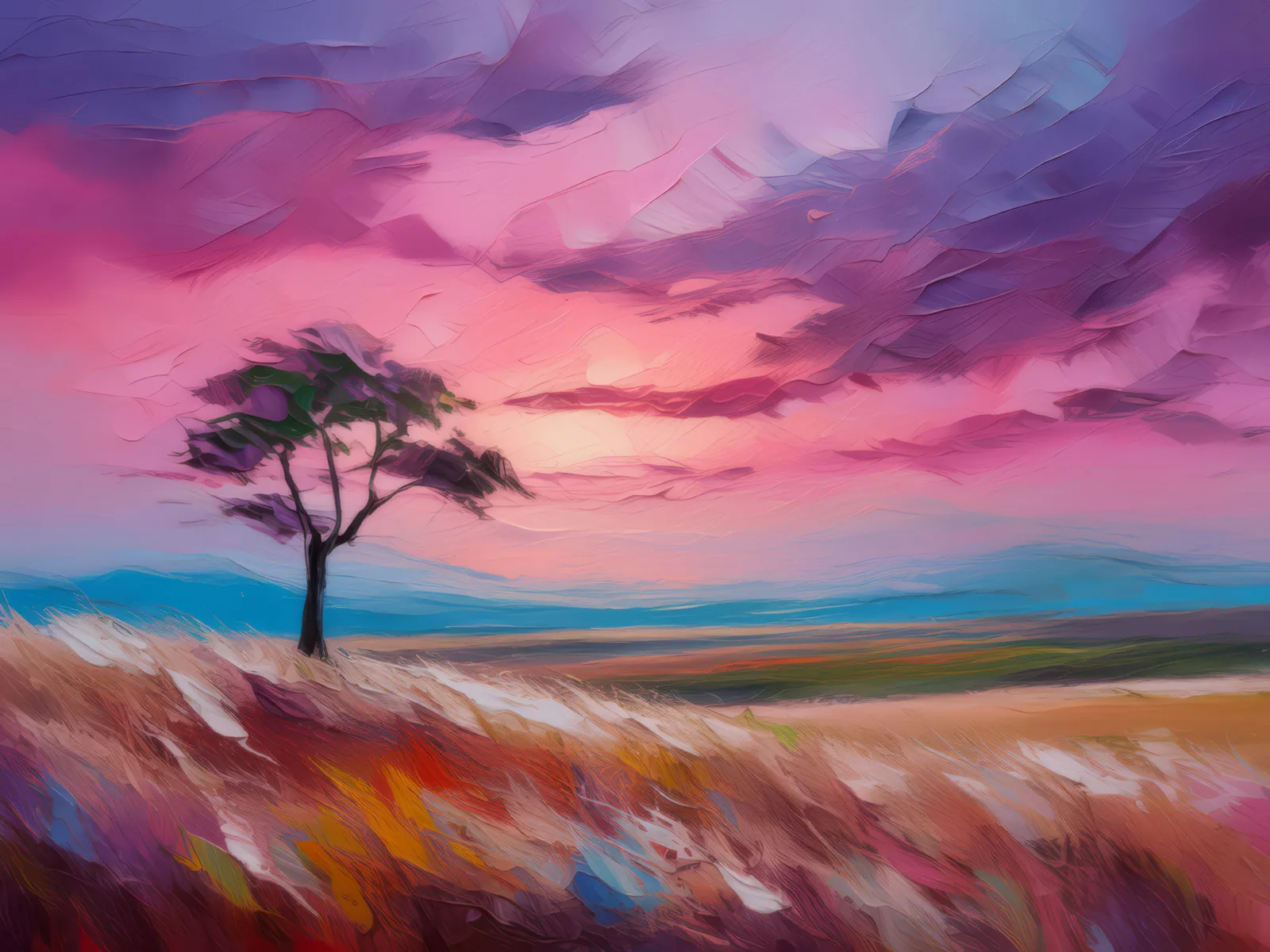 Peaceful Prairie at Dusk, a palette-knife oil landscape by Emma Mickelberg