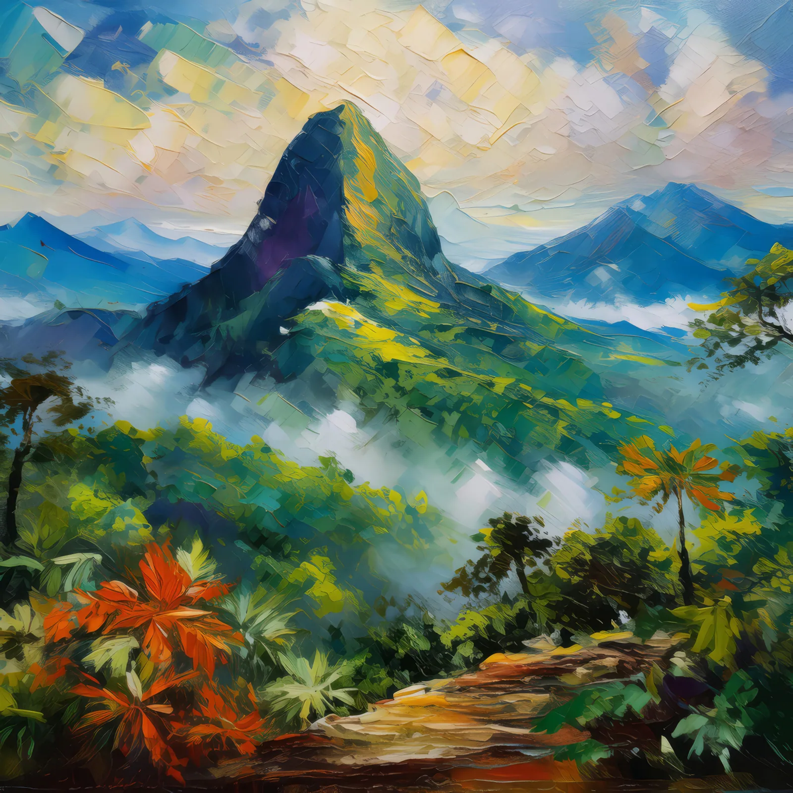 Peak in Tropical Serenity, a palette-knife oil landscape by Emma Mickelberg