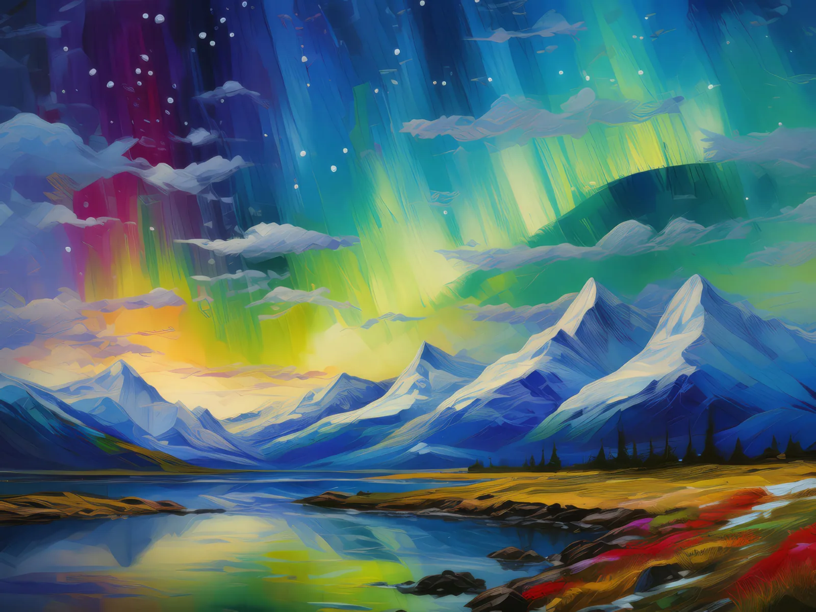 Plateau Aurora Australis Display, a palette-knife oil landscape by Emma Mickelberg