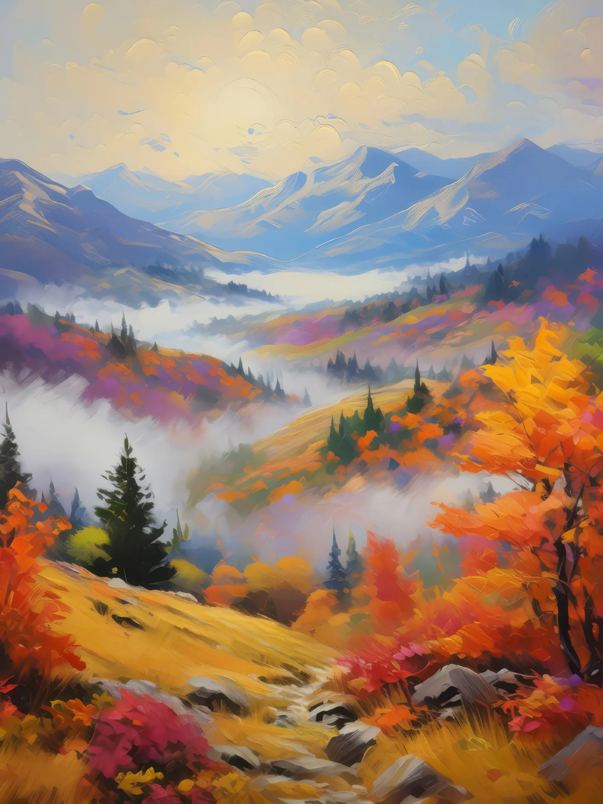 Plateau Autumn Mist, a palette-knife oil landscape by Emma Mickelberg