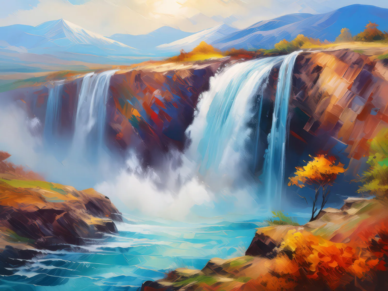 Plateau Barrage Waterfall, a palette-knife oil landscape by Emma Mickelberg