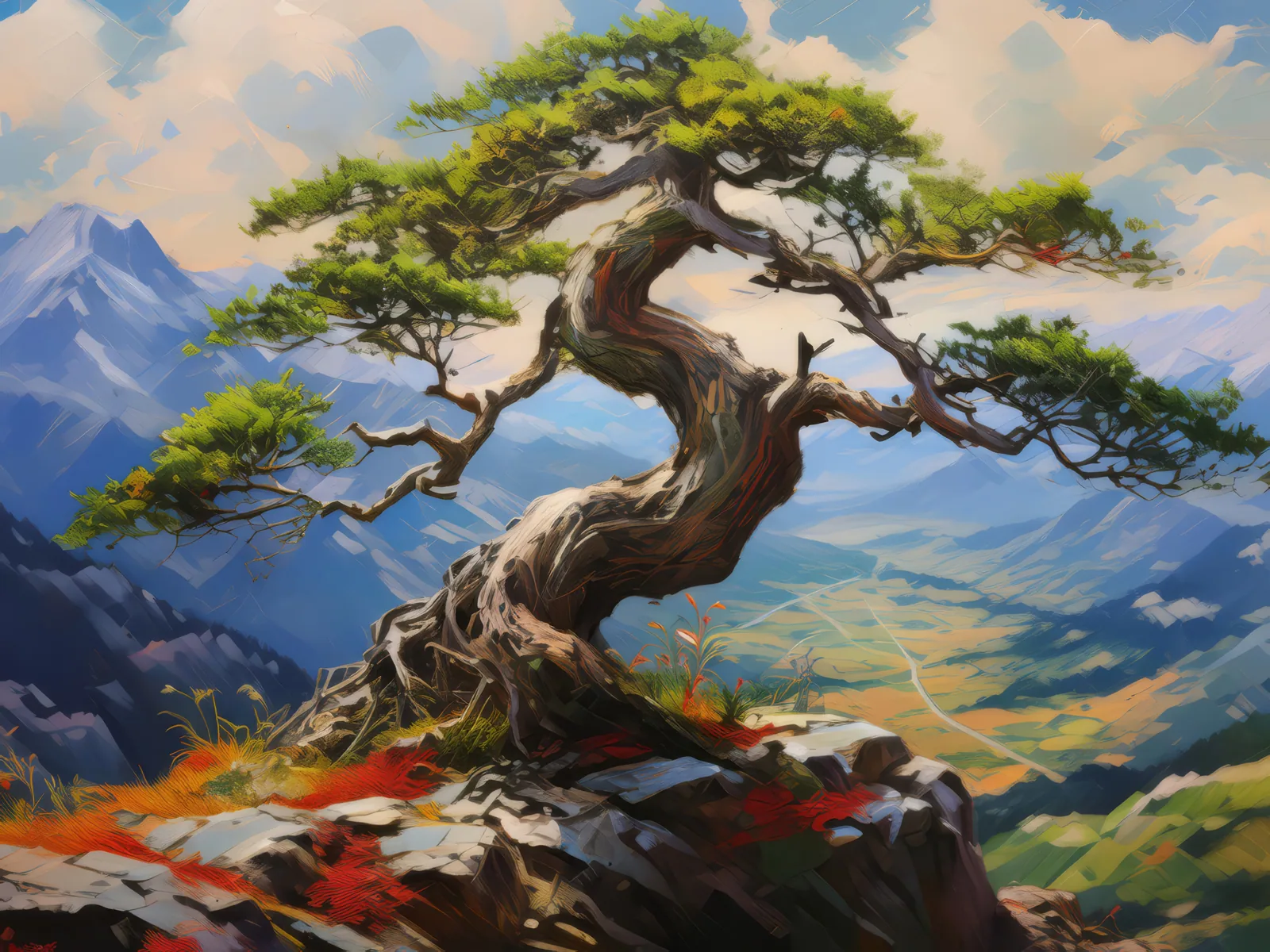 Plateau Bonsai Tree, a palette-knife oil landscape by Emma Mickelberg