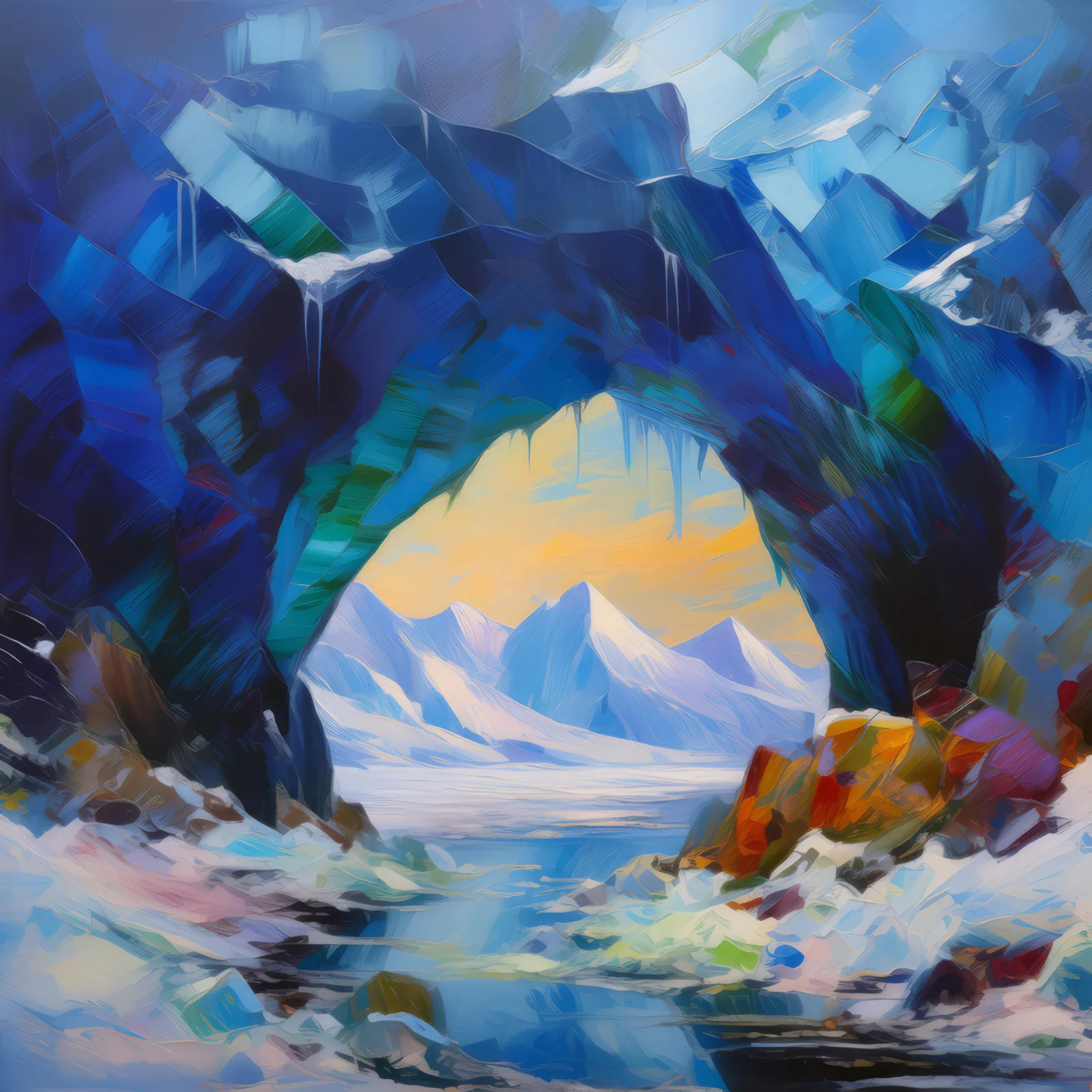 Plateau Ice Cave Entrance, a palette-knife oil landscape by Emma Mickelberg