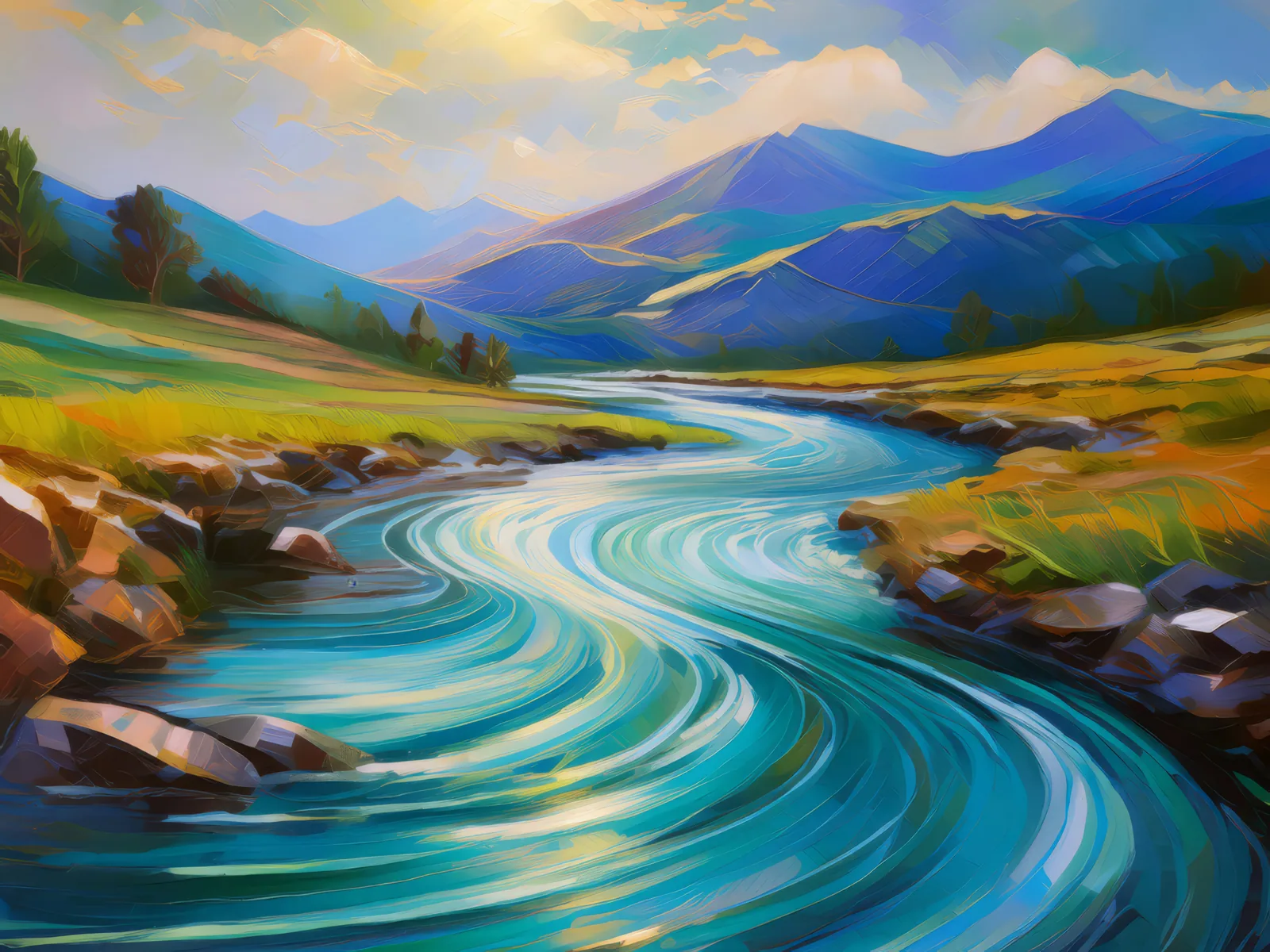 Plateau Laminar Flow Spring, a palette-knife oil landscape by Emma Mickelberg