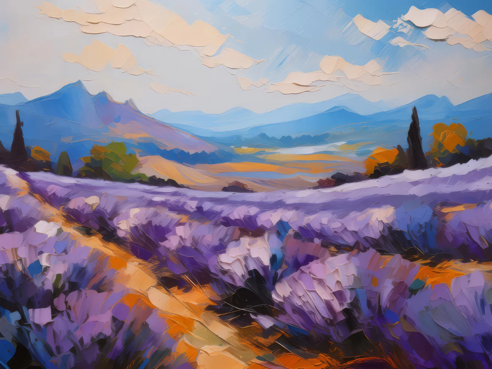 Plateau Lavender Fields, a palette-knife oil landscape by Emma Mickelberg