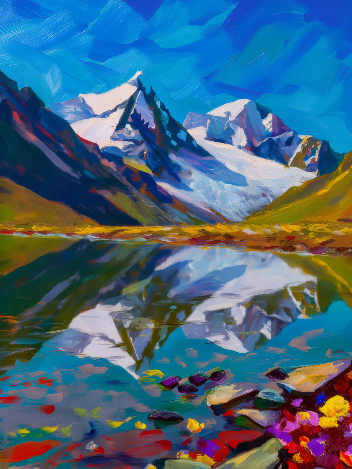 Plateau Proglacial Lake Reflection, a palette-knife oil landscape by Emma Mickelberg