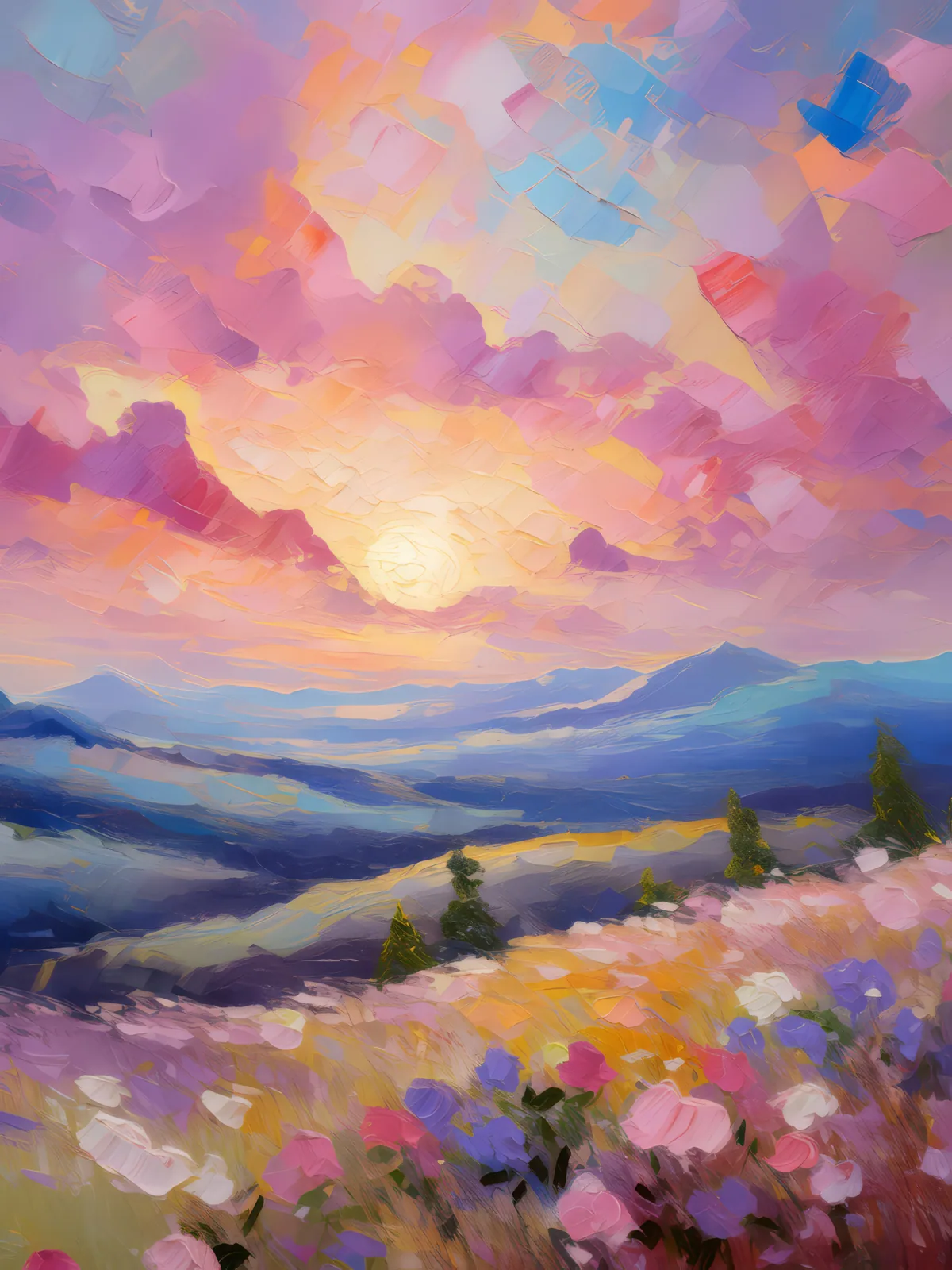 Plateau Rayleigh Scattering Sunrise, a palette-knife oil landscape by Emma Mickelberg