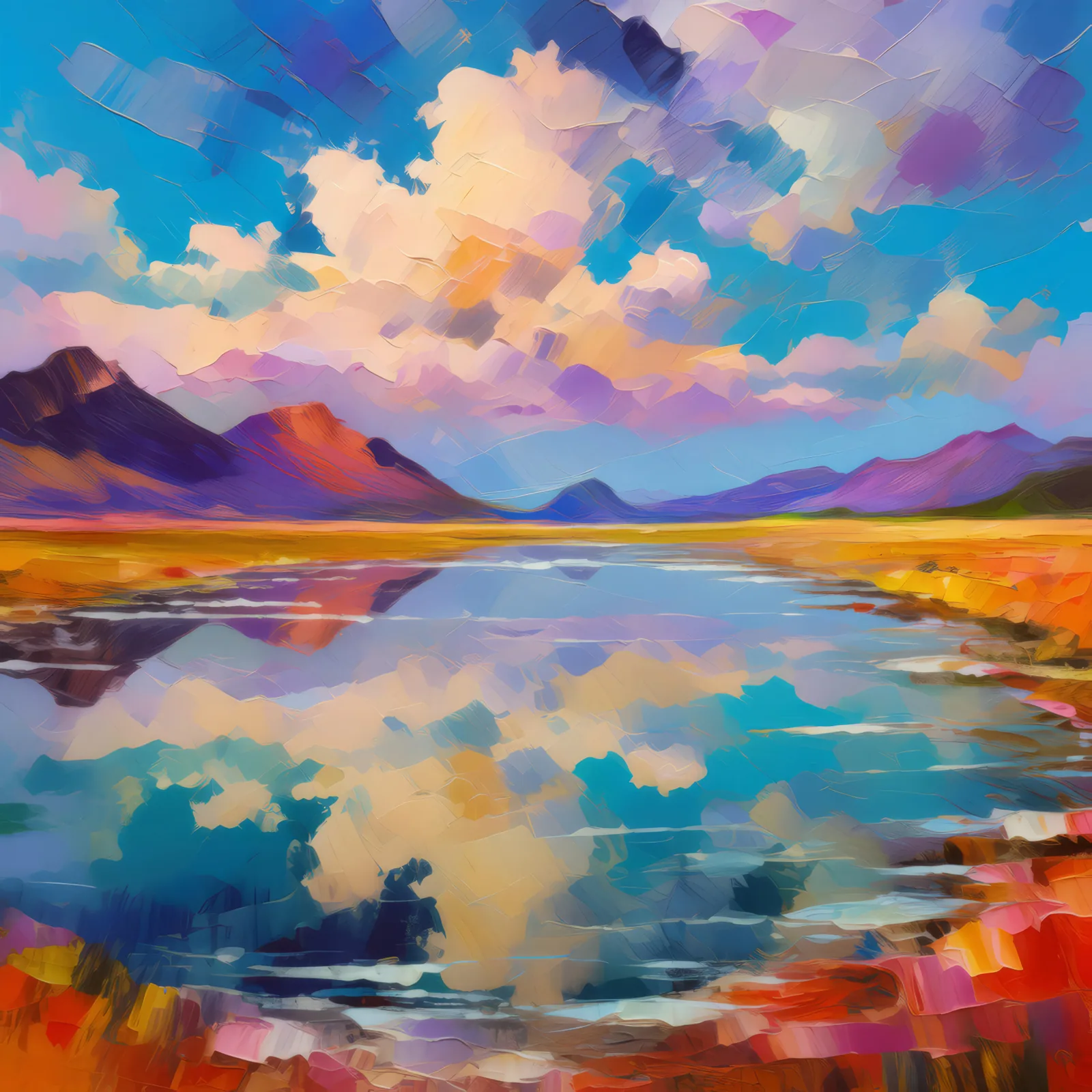 Plateau Salt Pond Reflections, a palette-knife oil landscape by Emma Mickelberg