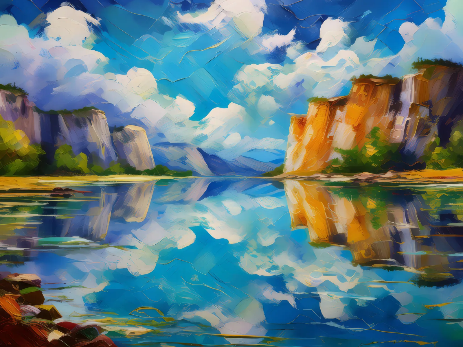 Plateau Sky Pond Reflection, a palette-knife oil landscape by Emma Mickelberg