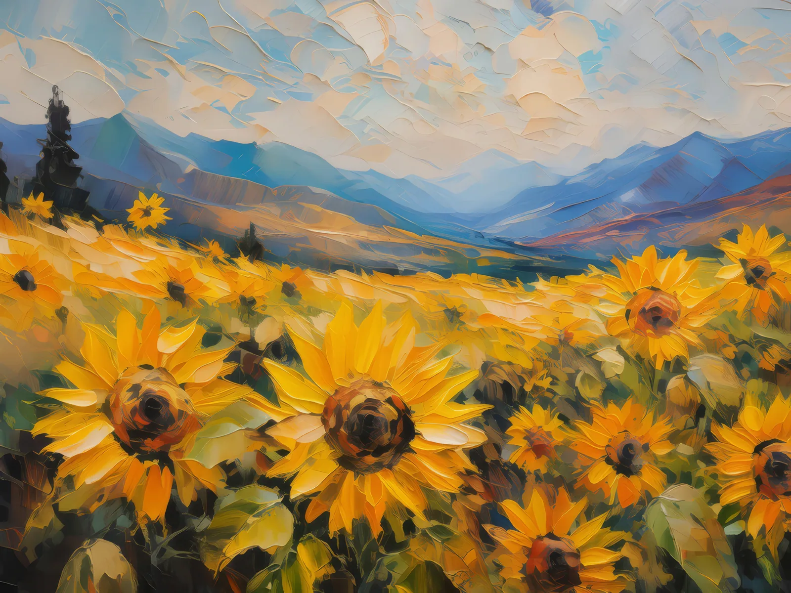 Plateau Sunflower Field, a palette-knife oil landscape by Emma Mickelberg