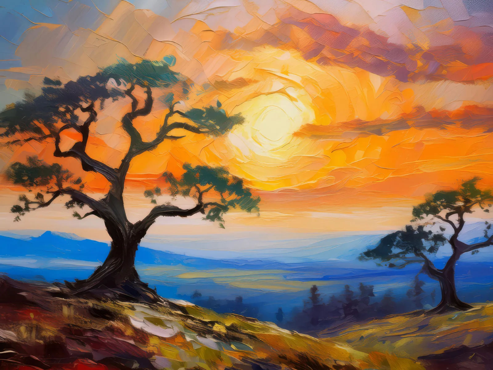 Plateau Sunrise Silhouettes, a palette-knife oil landscape by Emma Mickelberg