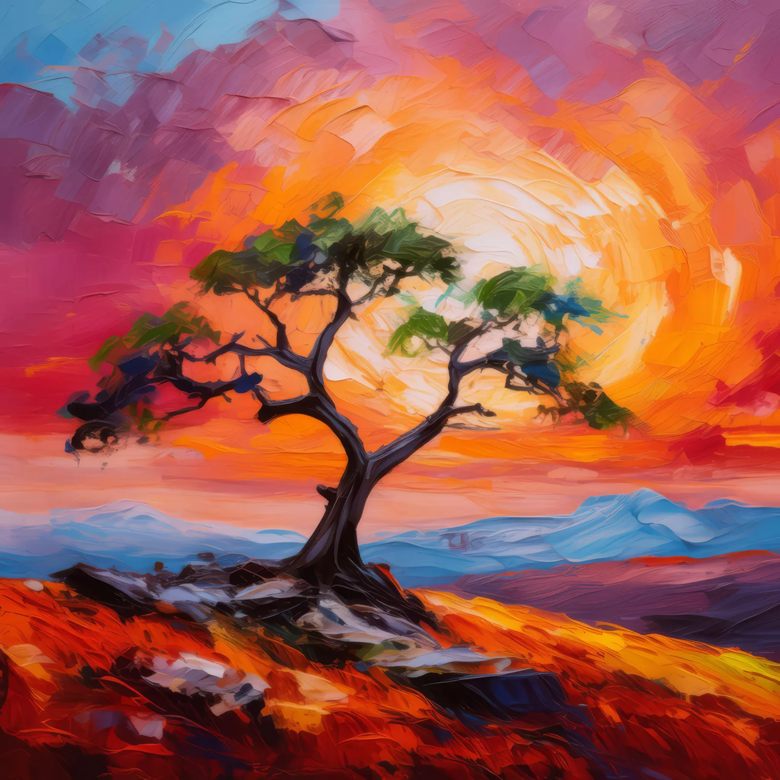 Plateau Sunset Silhouette, a palette-knife oil landscape by Emma Mickelberg