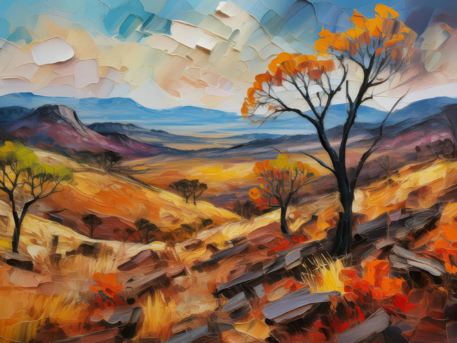 Plateau Wildfire Aftermath, a palette-knife oil landscape by Emma Mickelberg