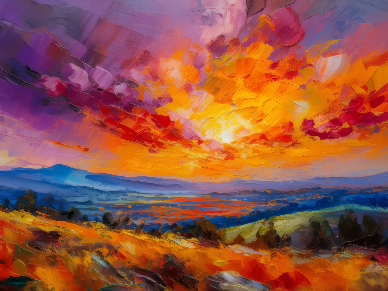 Plateau Wildfire Sunset, a palette-knife oil landscape by Emma Mickelberg