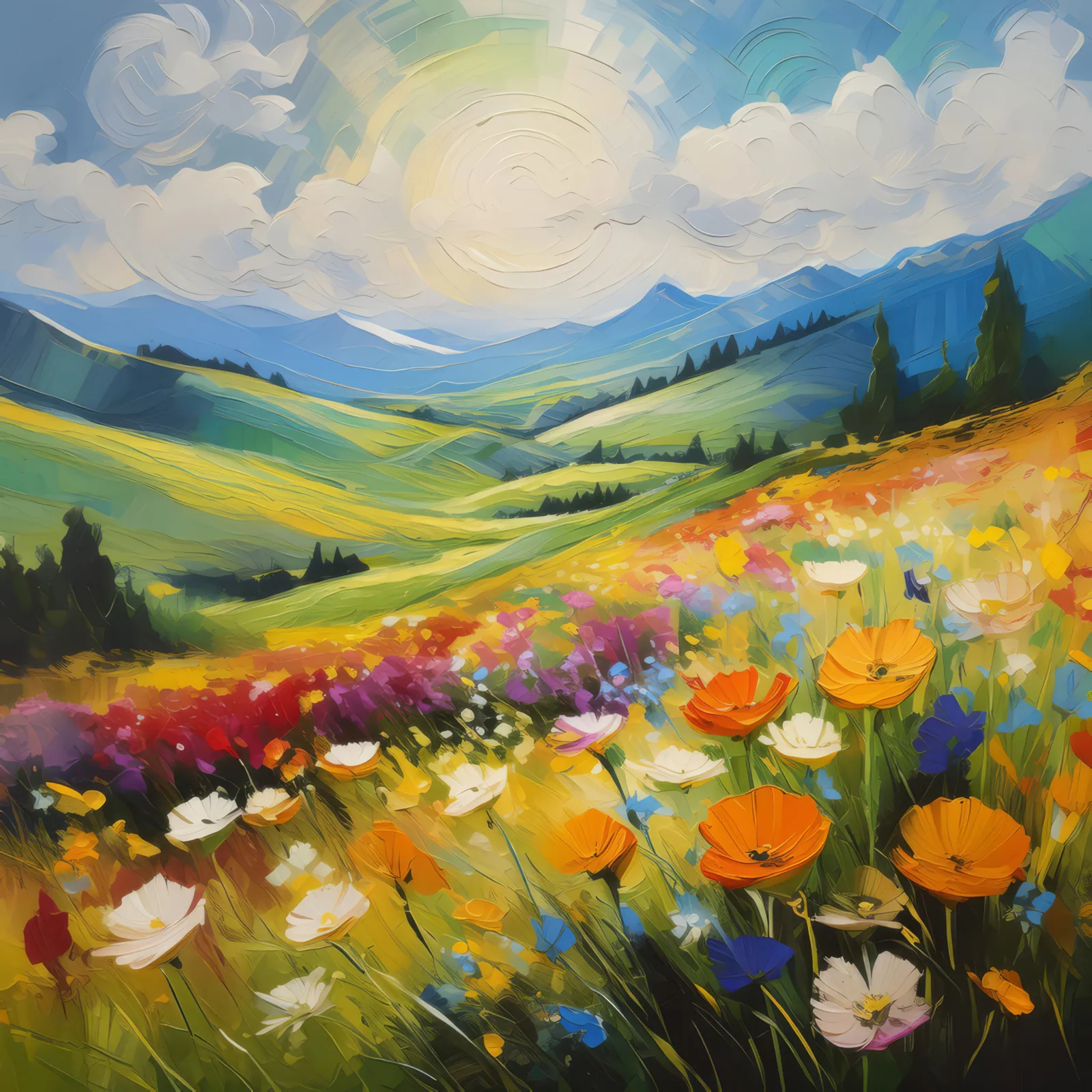 Plateau Wildflower Meadow, a palette-knife oil landscape by Emma Mickelberg