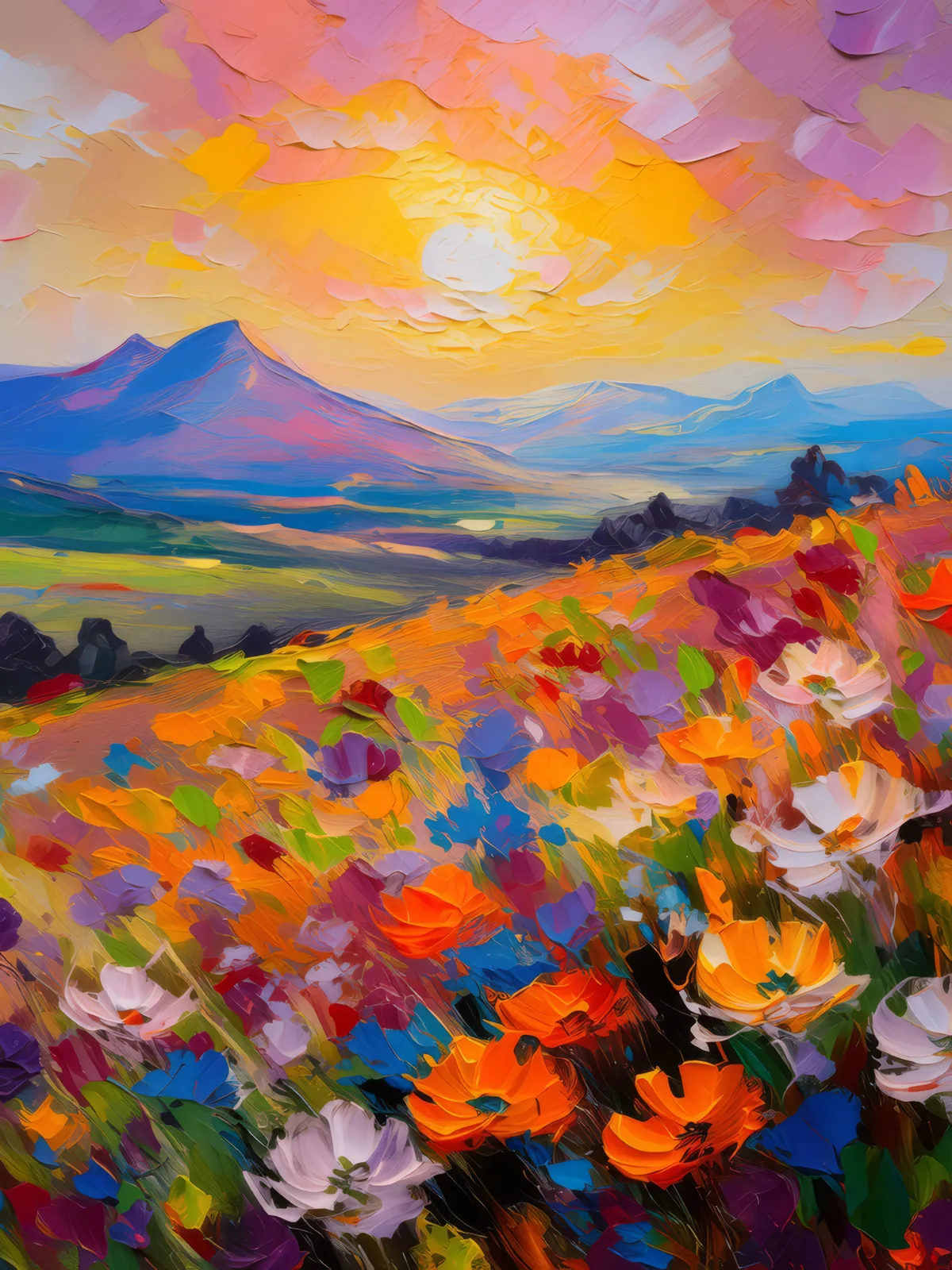 Plateau Wildflower Sunset, a palette-knife oil landscape by Emma Mickelberg