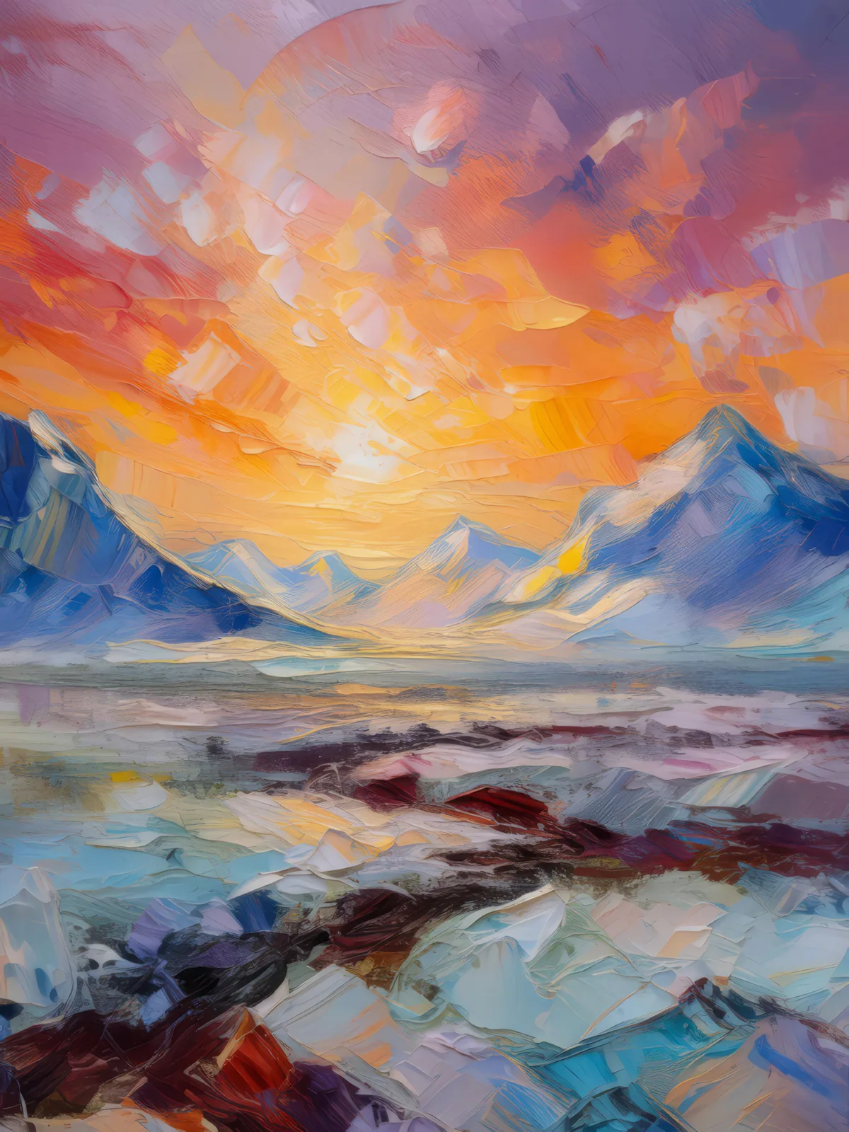 Polar Desert Sunrise, a palette-knife oil landscape by Emma Mickelberg