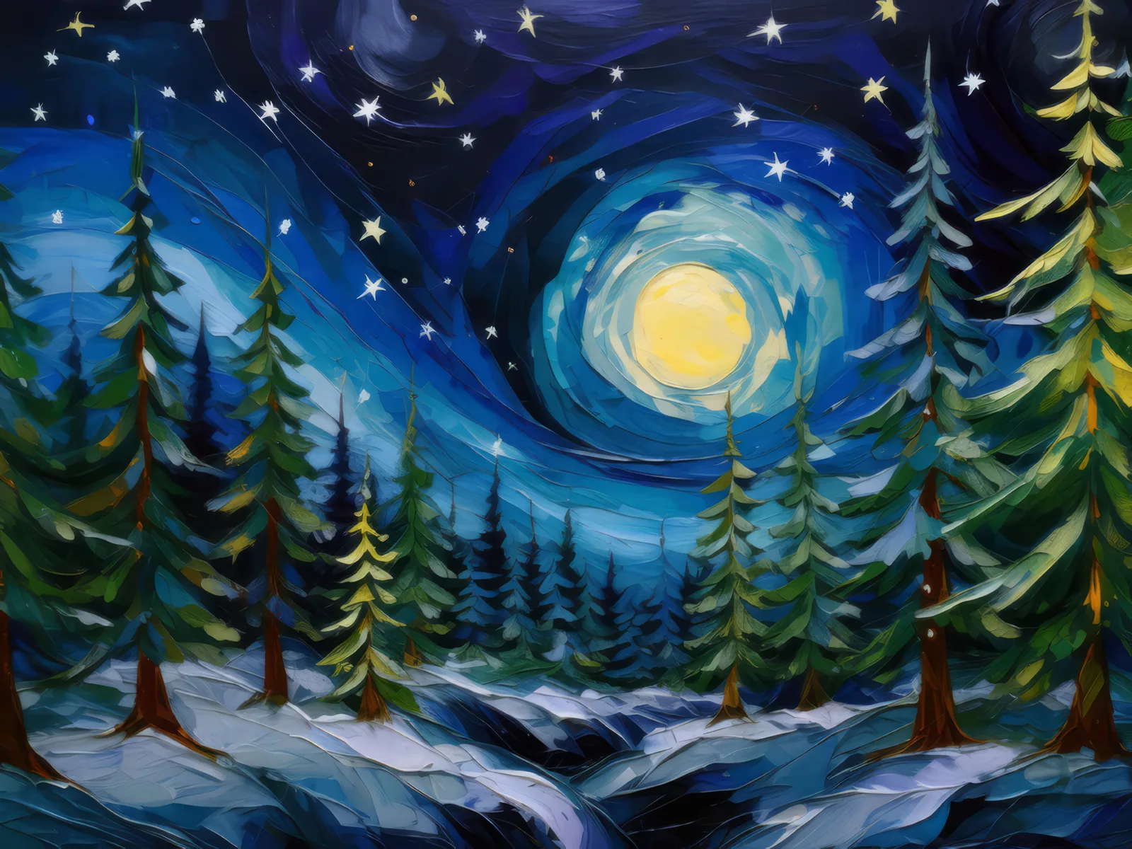 Polar Forest Night, a palette-knife oil landscape by Emma Mickelberg