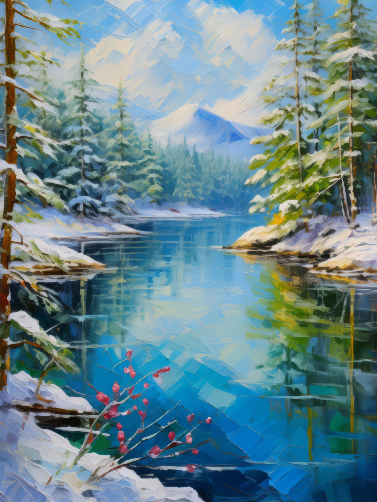 Polar Forest Reflection, a palette-knife oil landscape by Emma Mickelberg