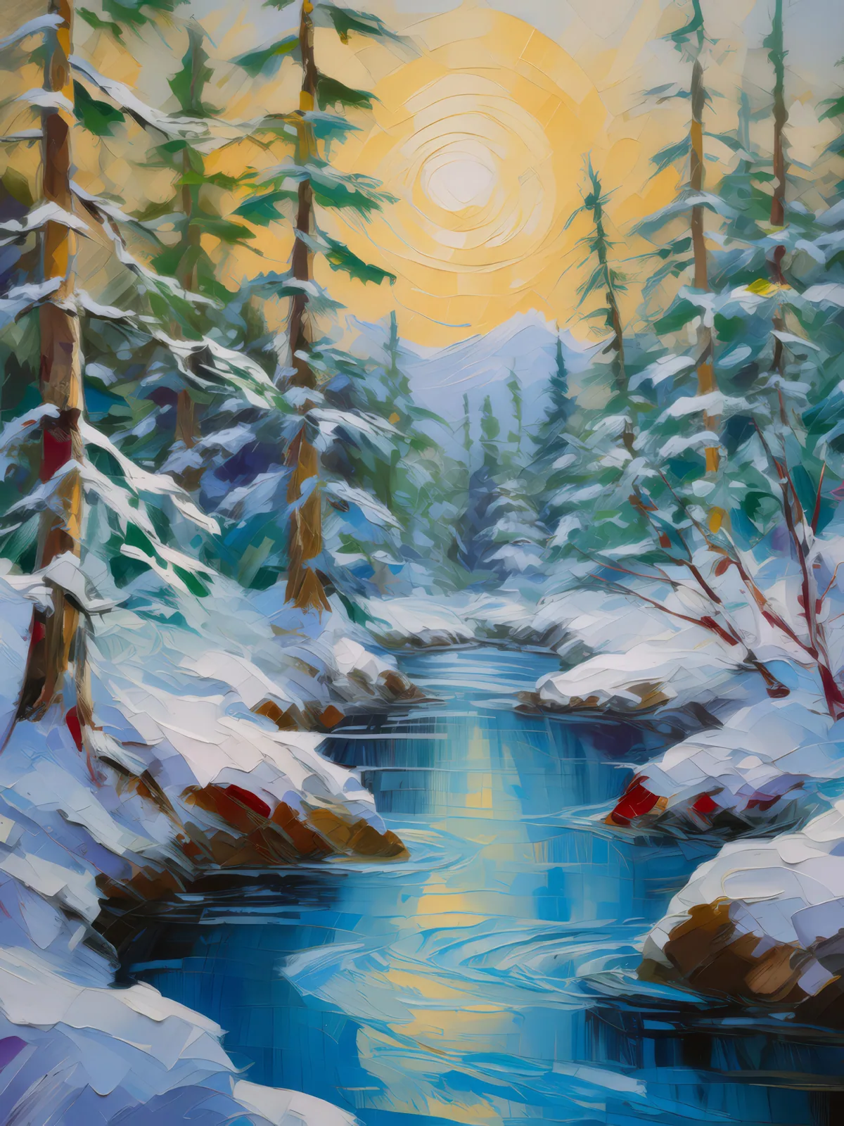 Polar Forest River, a palette-knife oil landscape by Emma Mickelberg