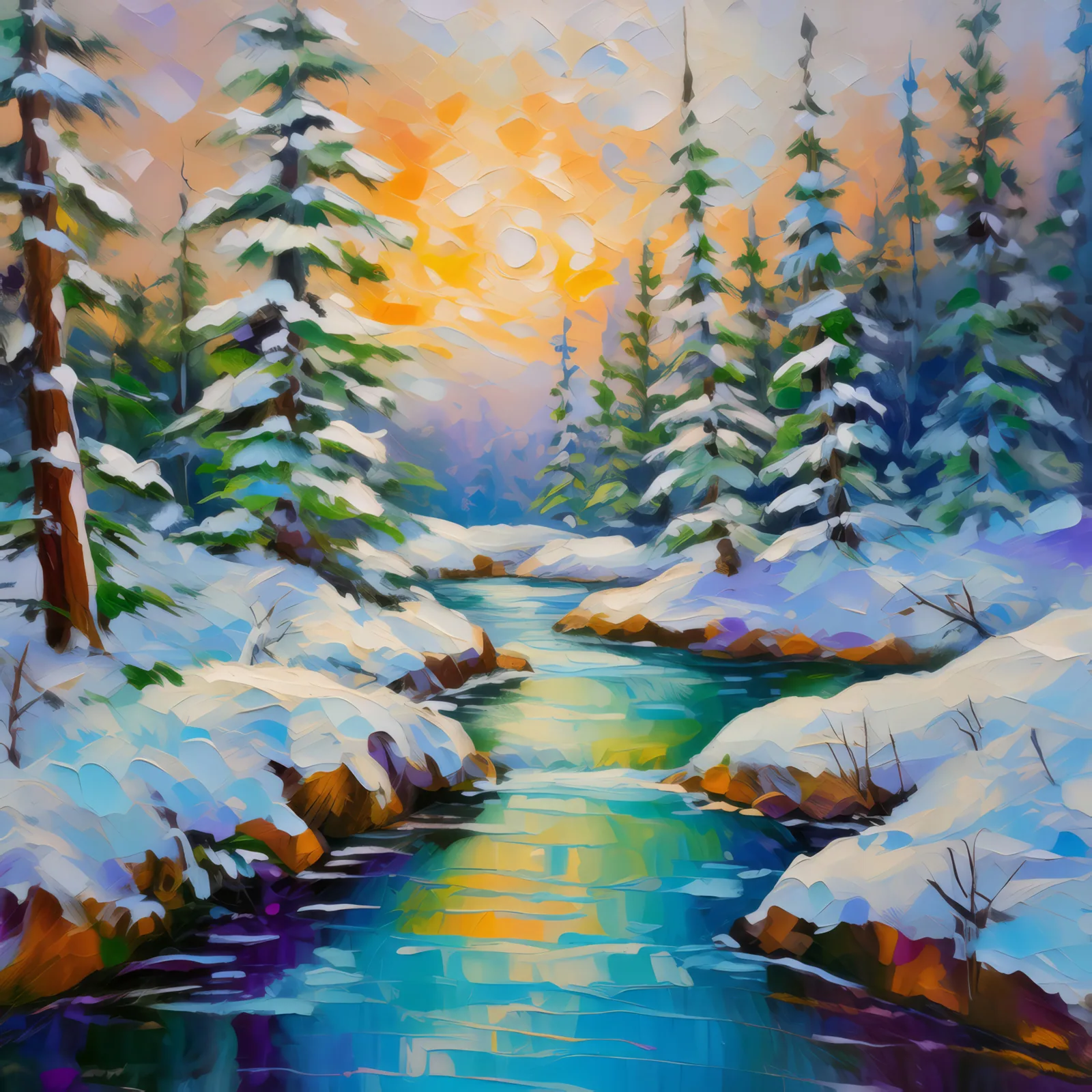 Polar Forest Stream, a palette-knife oil landscape by Emma Mickelberg