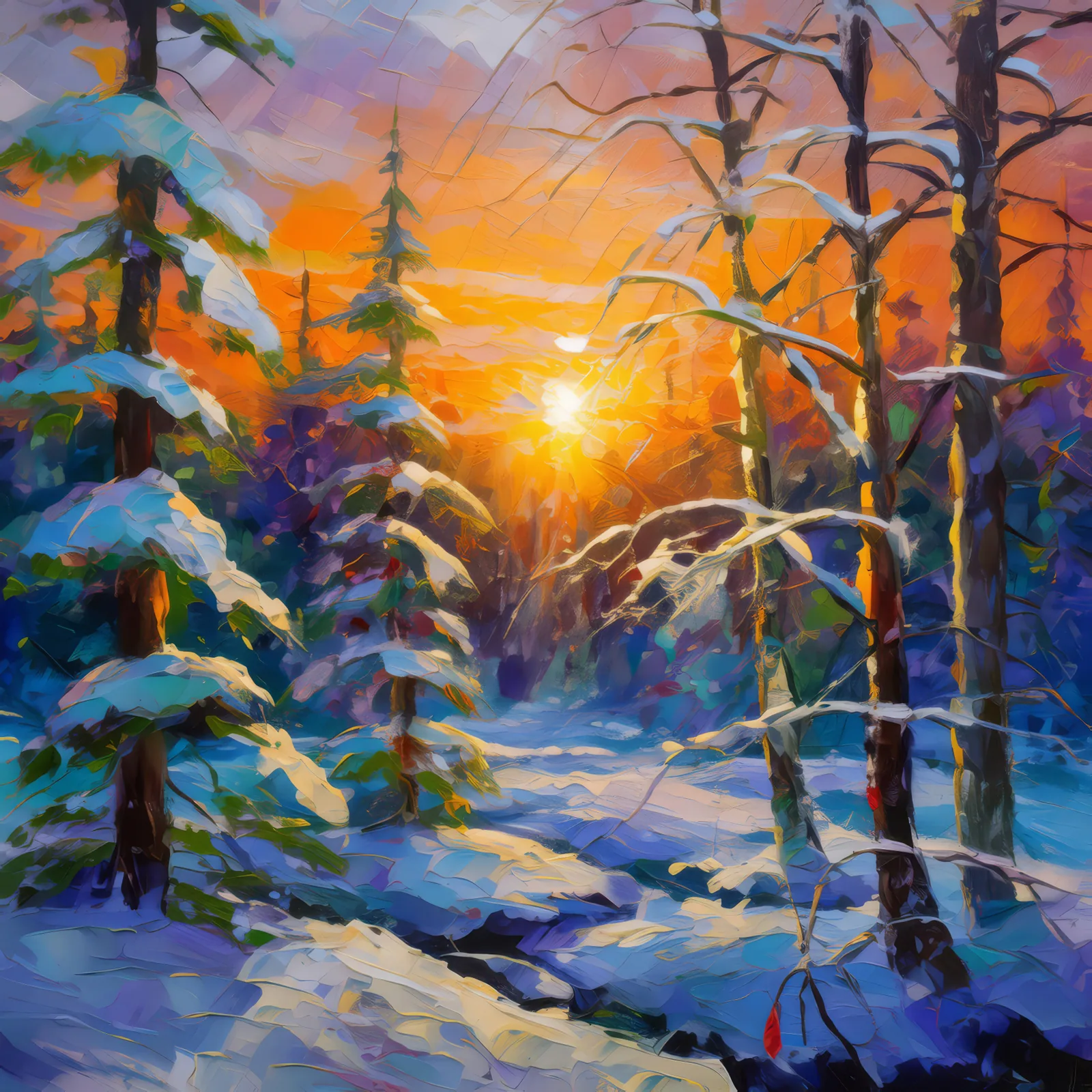 Polar Forest Sunrise, a palette-knife oil landscape by Emma Mickelberg