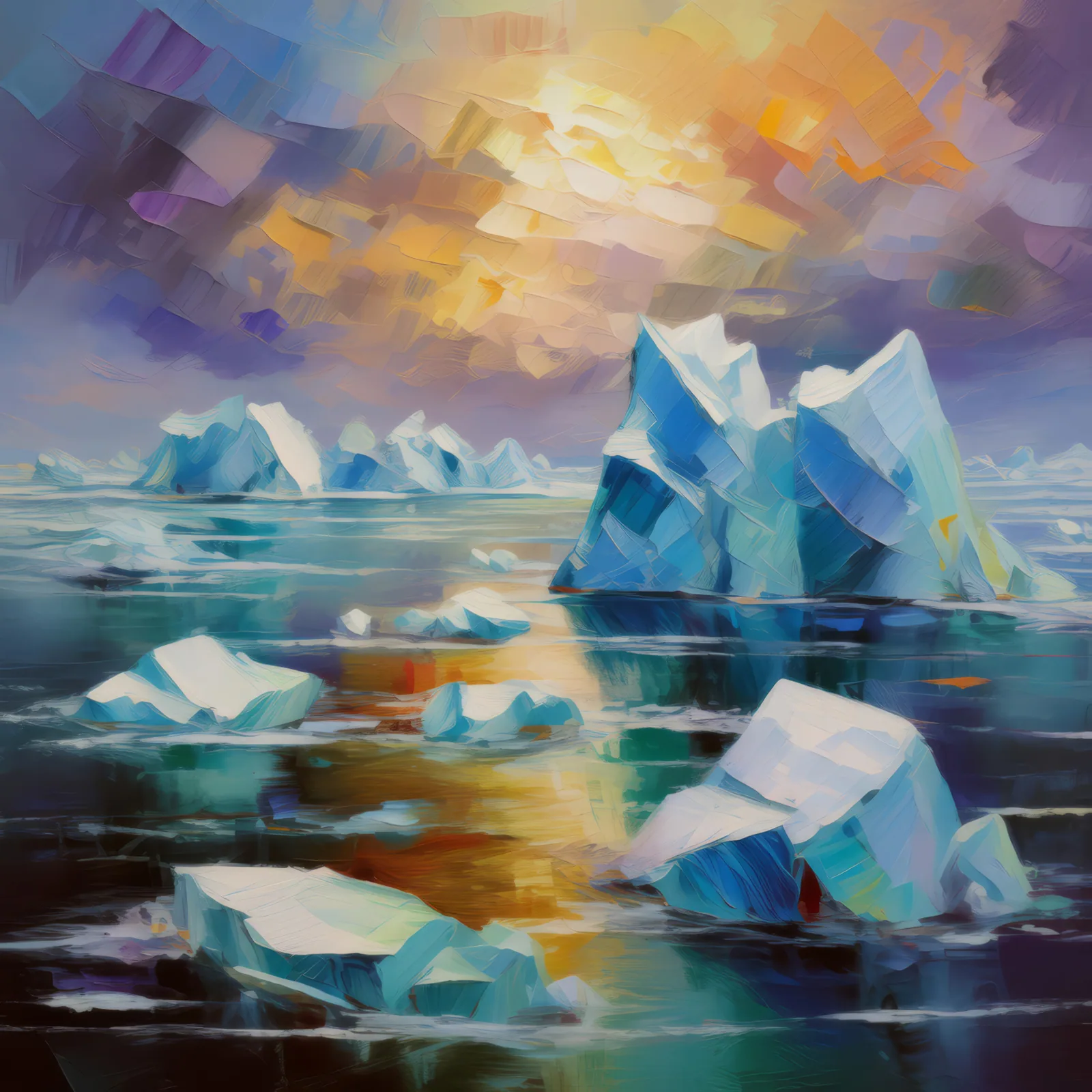 Polar Iceberg Cluster, a palette-knife oil landscape by Emma Mickelberg