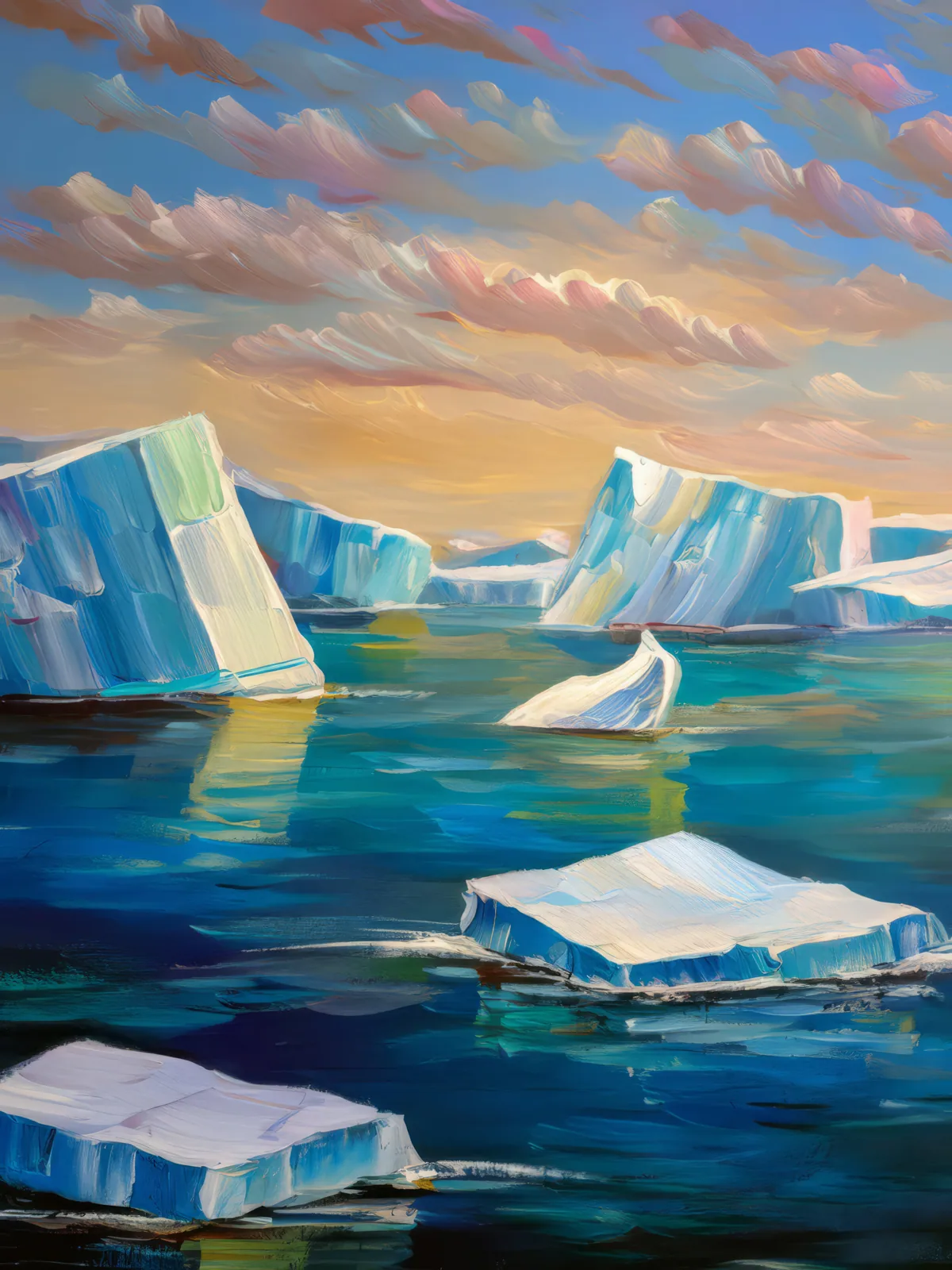 Polar Iceberg Field, a palette-knife oil landscape by Emma Mickelberg