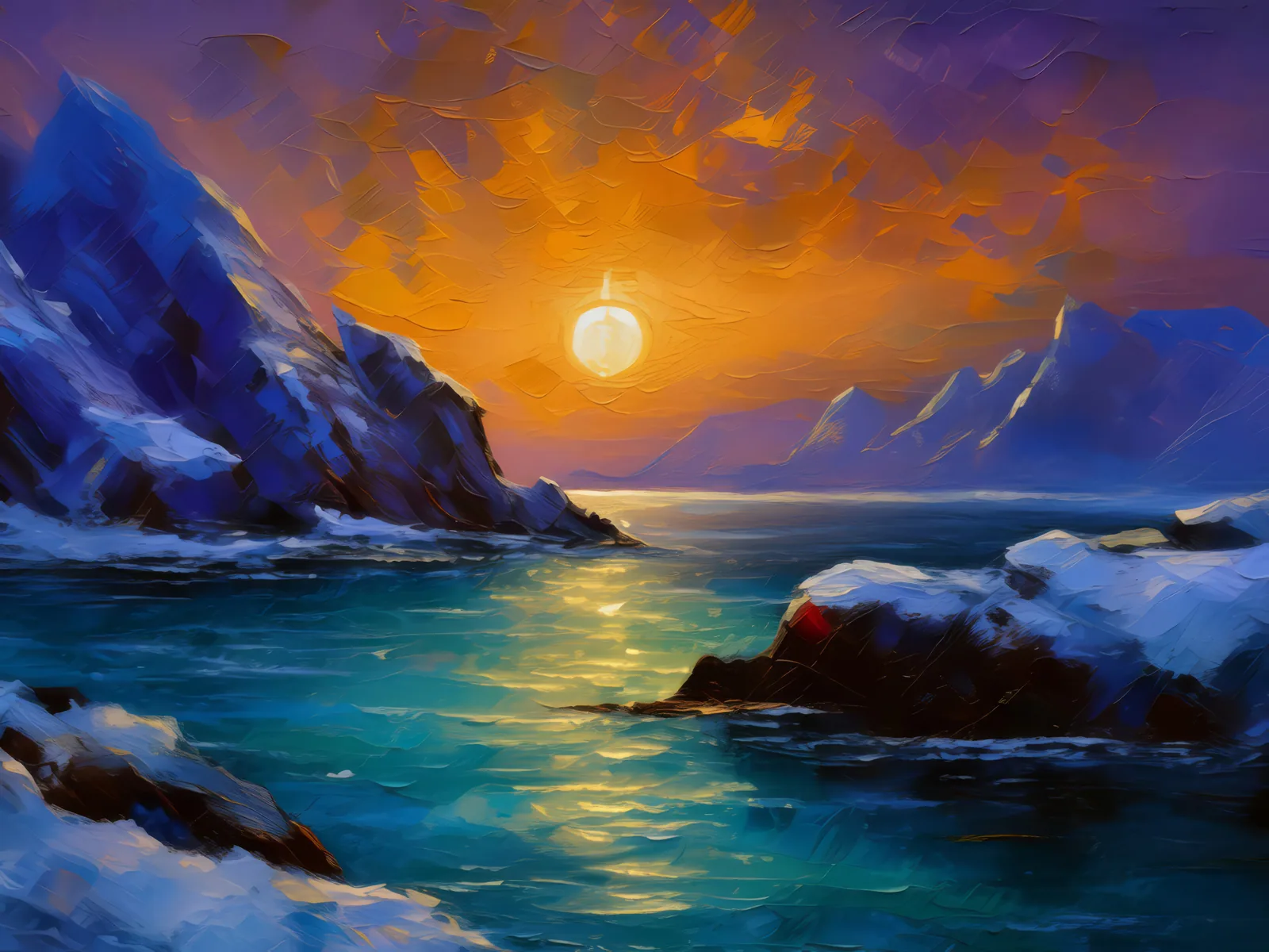 Polar Midnight Glow, a palette-knife oil landscape by Emma Mickelberg
