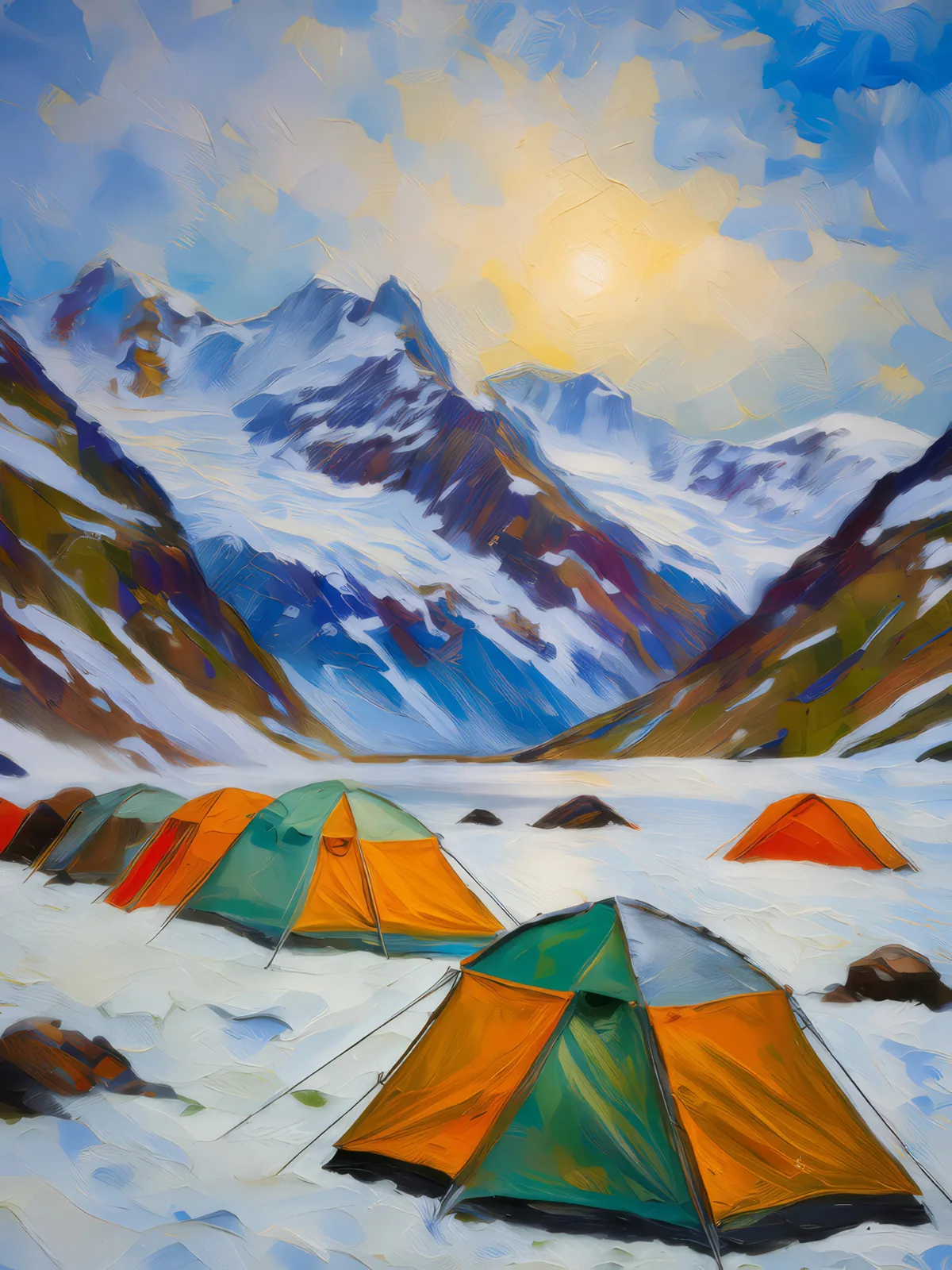 Polar Mountain Camp, a palette-knife oil landscape by Emma Mickelberg