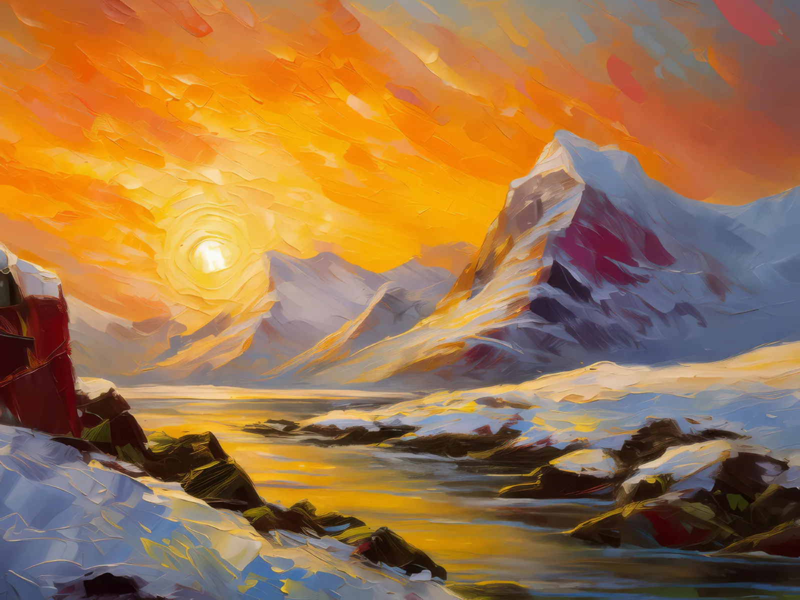 Polar Mountain Dawn, a palette-knife oil landscape by Emma Mickelberg