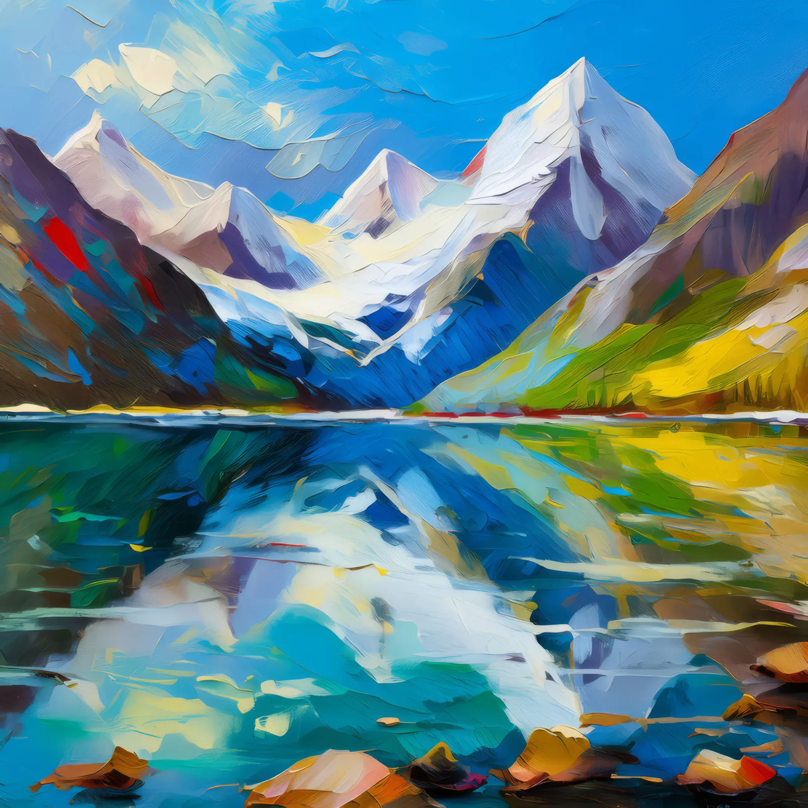 Polar Mountain Reflections, a palette-knife oil landscape by Emma Mickelberg