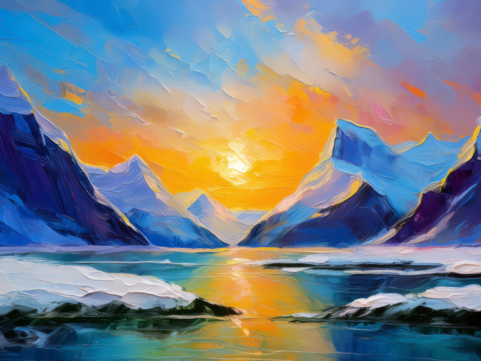 Polar Mountain Sunrise, a palette-knife oil landscape by Emma Mickelberg