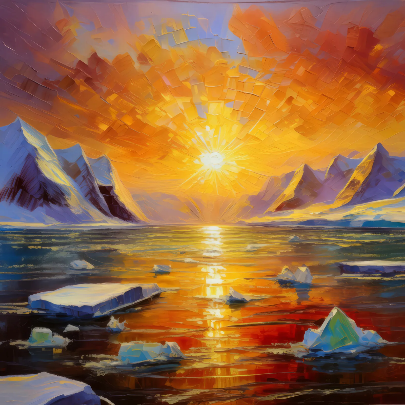 Polar Ocean Sunrise, a palette-knife oil landscape by Emma Mickelberg