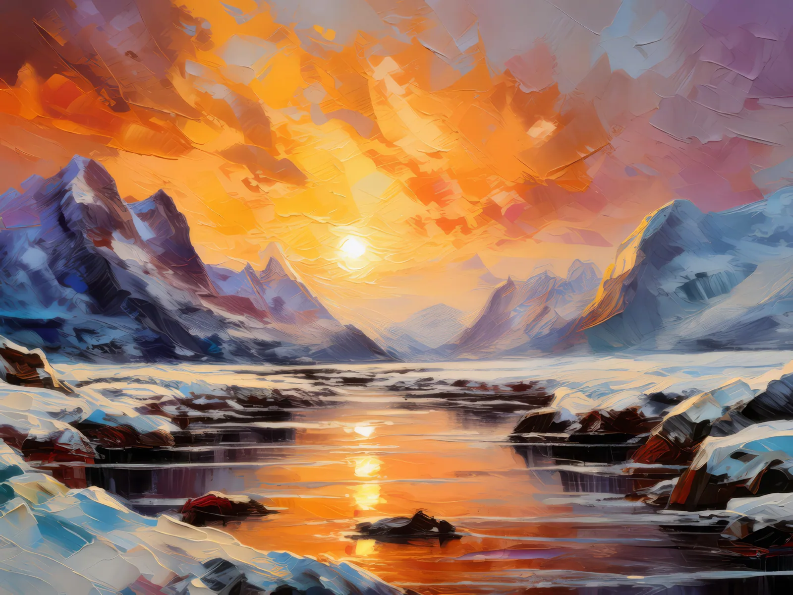 Polar Sunrise, a palette-knife oil landscape by Emma Mickelberg