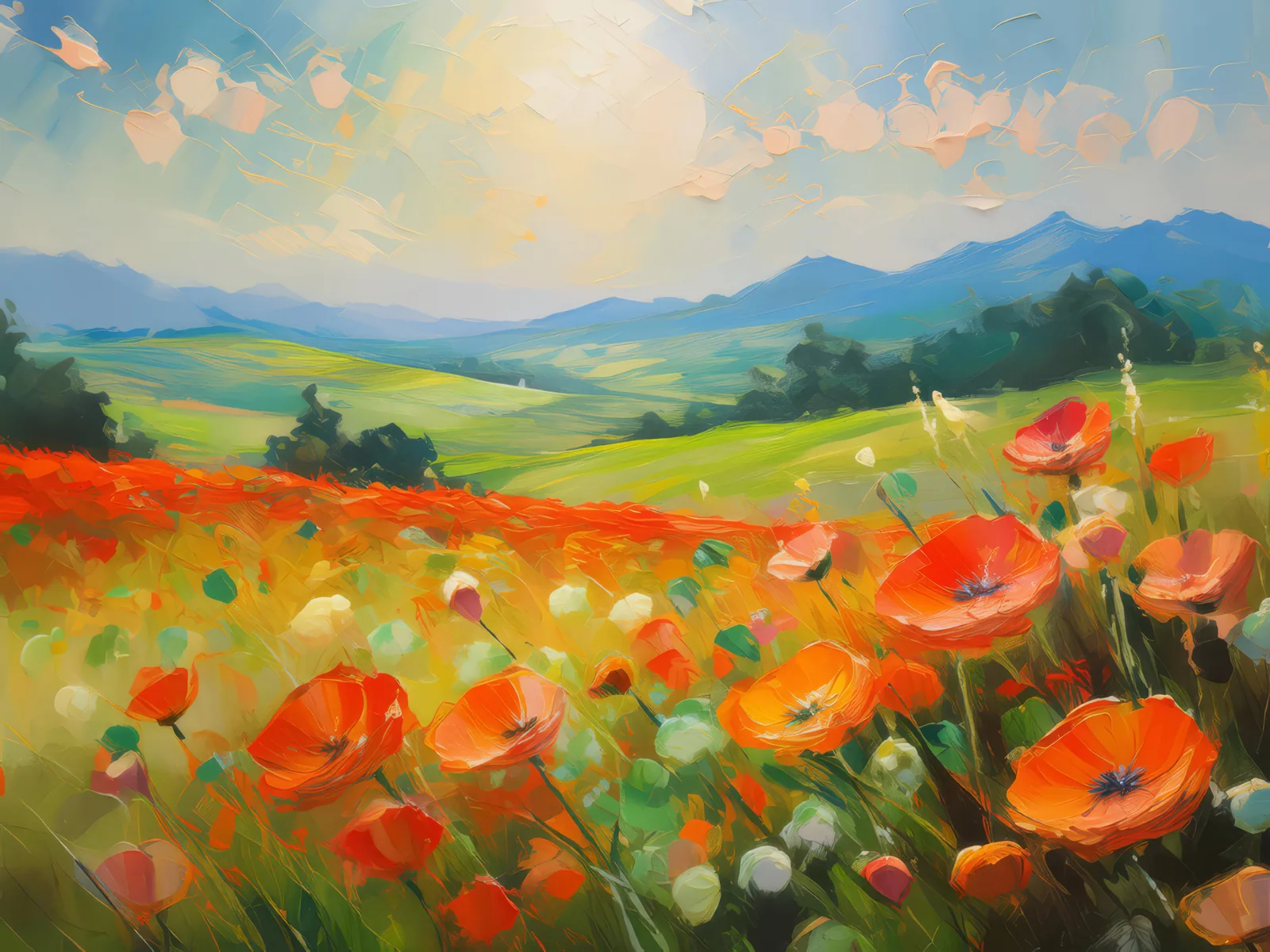 Poppy Fields at Noon, a palette-knife oil landscape by Emma Mickelberg