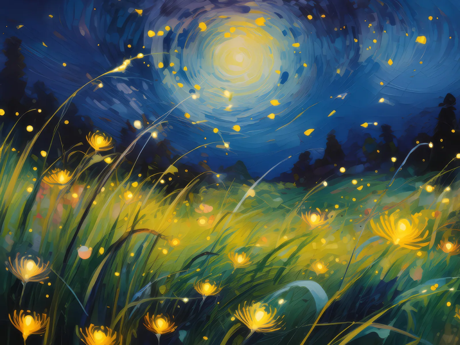 Prairie Fireflies, a palette-knife oil landscape by Emma Mickelberg