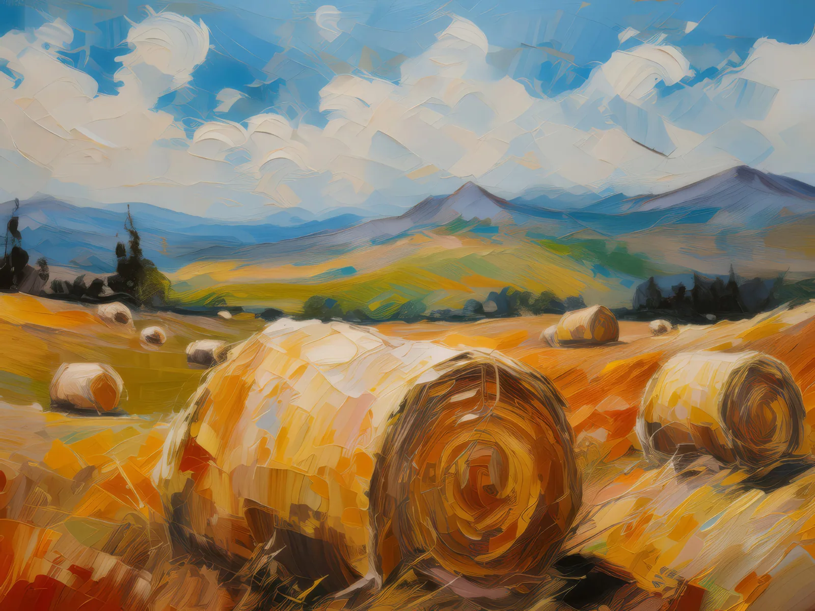 Prairie Hay Bales, a palette-knife oil landscape by Emma Mickelberg