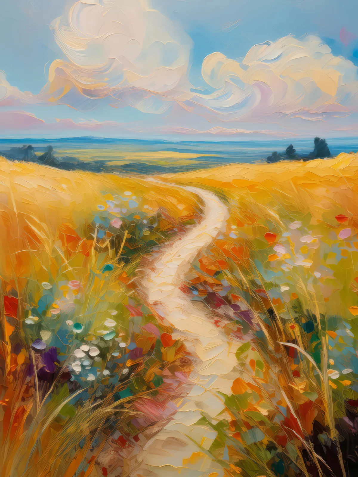 Prairie Pathway, a palette-knife oil landscape by Emma Mickelberg
