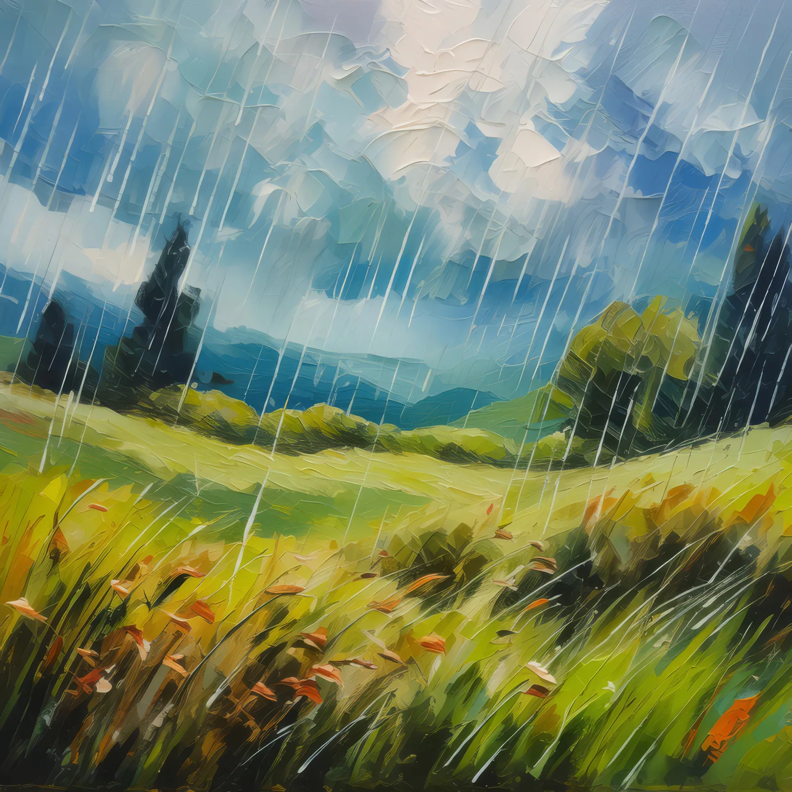 Prairie Rain Shower, a palette-knife oil landscape by Emma Mickelberg