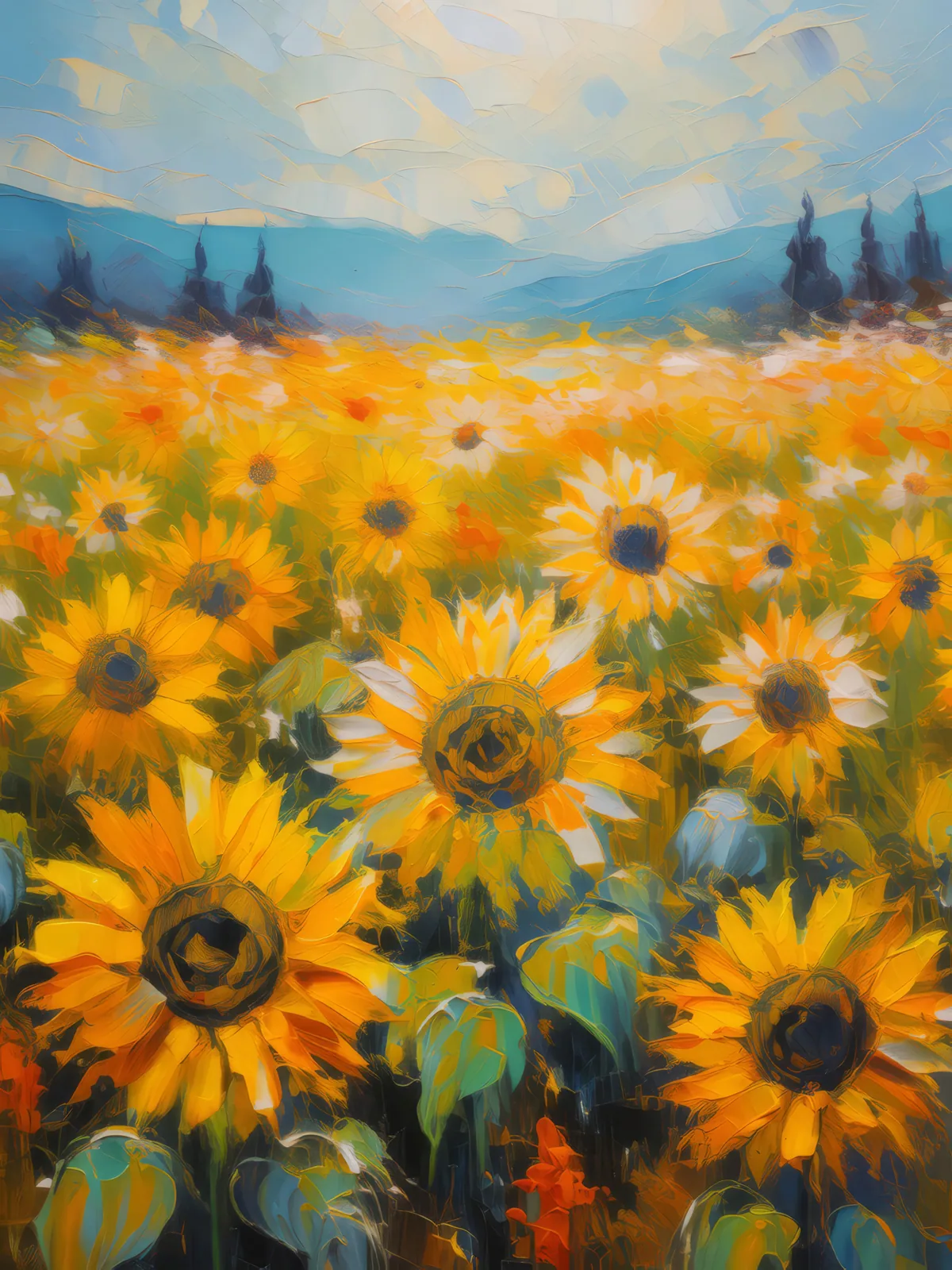 Prairie Sunflower Field, a palette-knife oil landscape by Emma Mickelberg