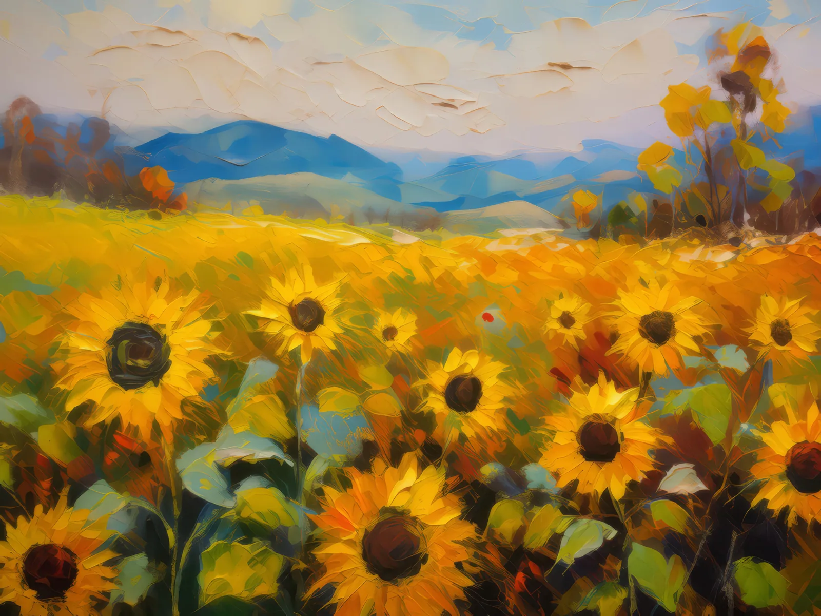 Prairie Sunflowers, a palette-knife oil landscape by Emma Mickelberg