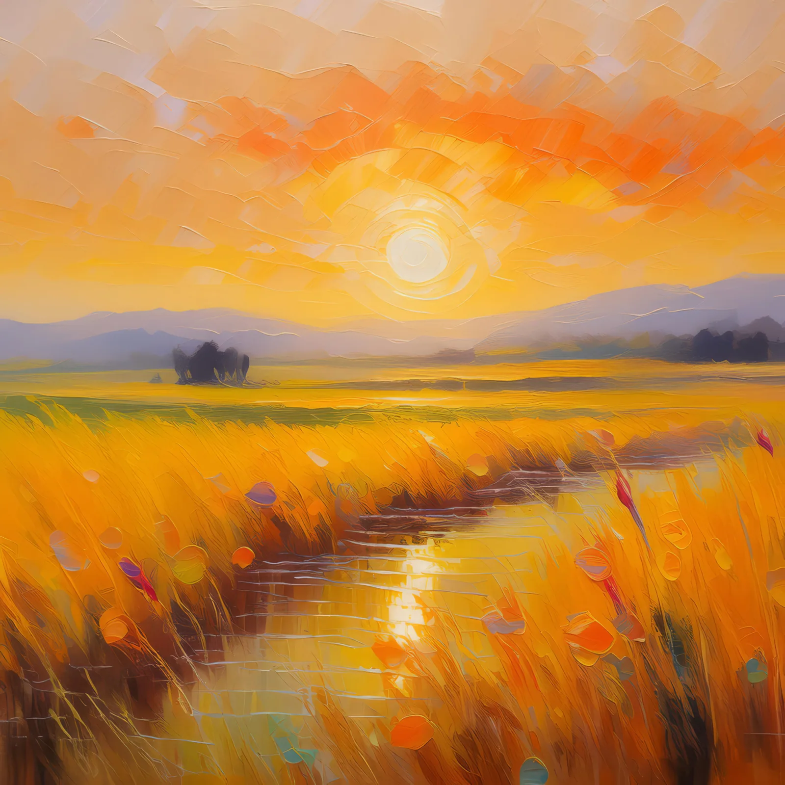 Prairie Sunrise Glow, a palette-knife oil landscape by Emma Mickelberg