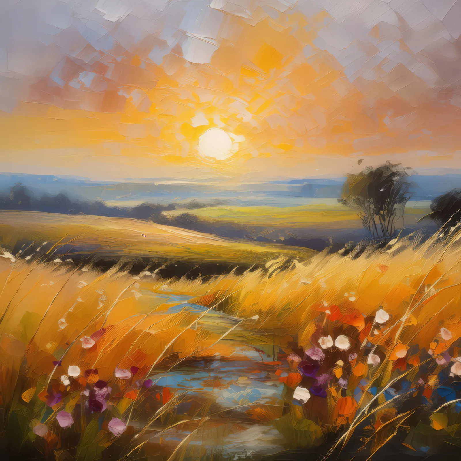 Prairie Sunrise Scene, a palette-knife oil landscape by Emma Mickelberg