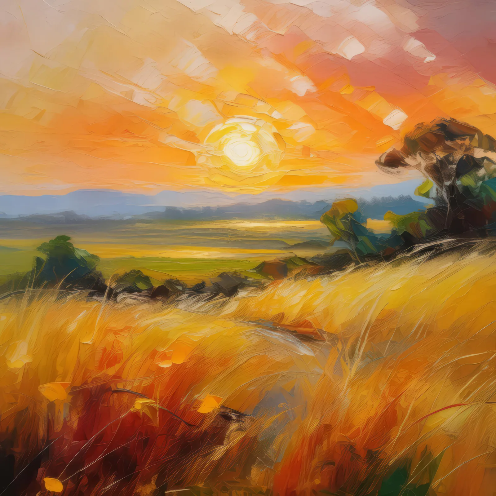 Prairie Sunrise, a palette-knife oil landscape by Emma Mickelberg